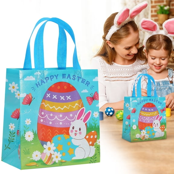 Shiogb Happy Easter Bunny Bags with Handles, Disposable Non Woven Bags for Easter Candy and Packaging, Party Favor Gift Bags, B