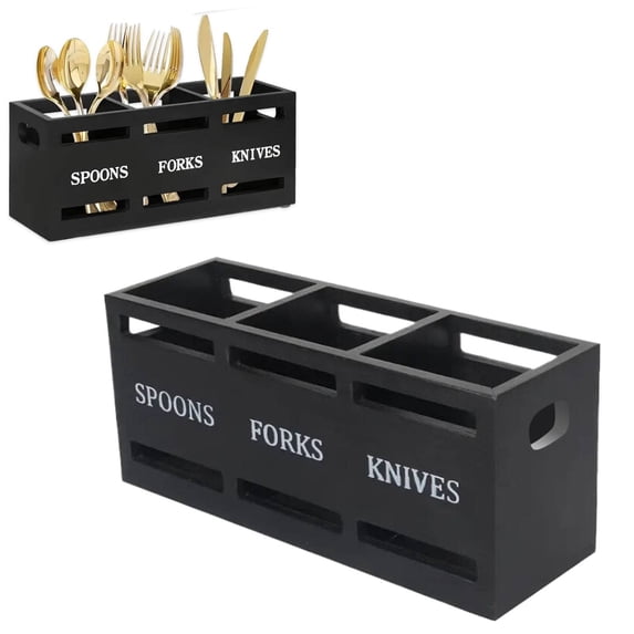 Shiogb Holder,Modern Wooden Utensil with 3 Compartment Silverware Cutlery Holders for Countertop Kitchen Utensils Organizer Storage Container for Fork and Spoon,Black