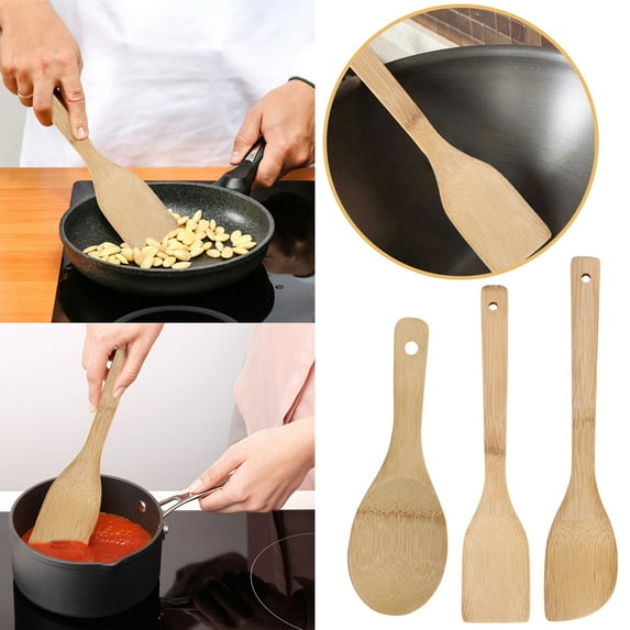 Shiogb Nonstick Pot Bamboo Spatula Stir Fry Spatula Cooking Spoon Shovel Set, Eco-Friendly Utensils for Non-Stick Cookware