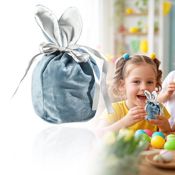 Shiogb Velvet Bunny Ear Candy Bags Cute Flannel with Closure, Reusable & Soft Fabric Sacks for Easter Birthday Parties Wedding, Navy