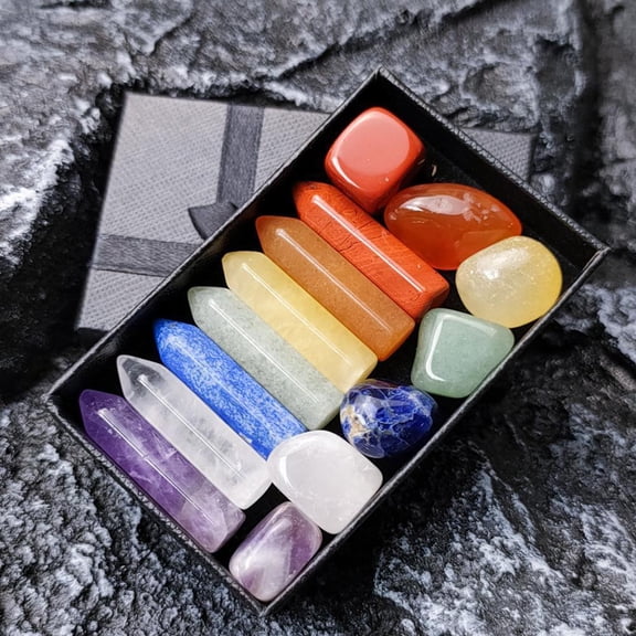 Shiorlam 14-Piece Natural Stone Chakra Crystal Hexagonal Column Set with Gift Box, Quartz Gemstone Mineral Decor