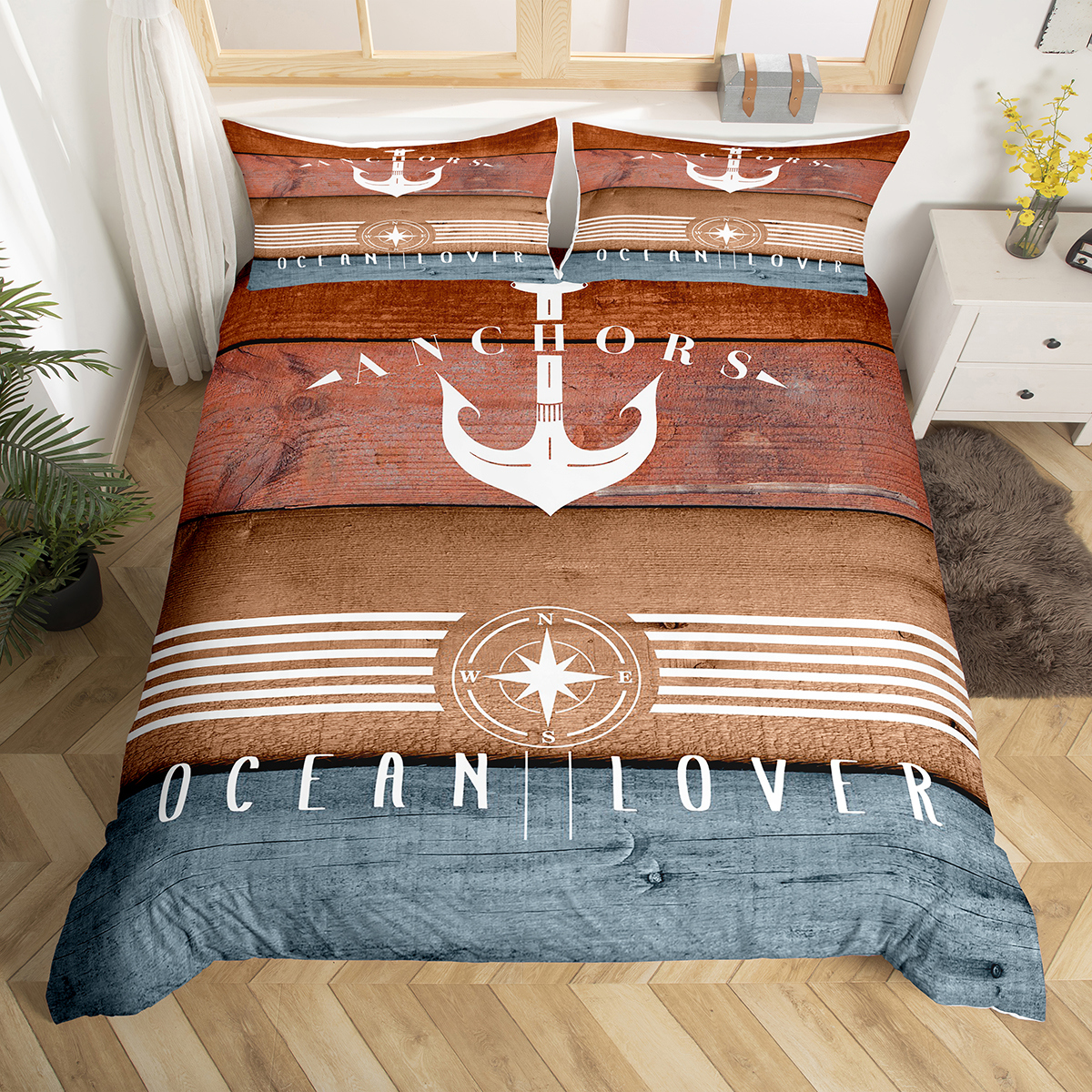 Ship Anchor Bedding Set Nautical Comforter Cover for Men Teens,Wheel