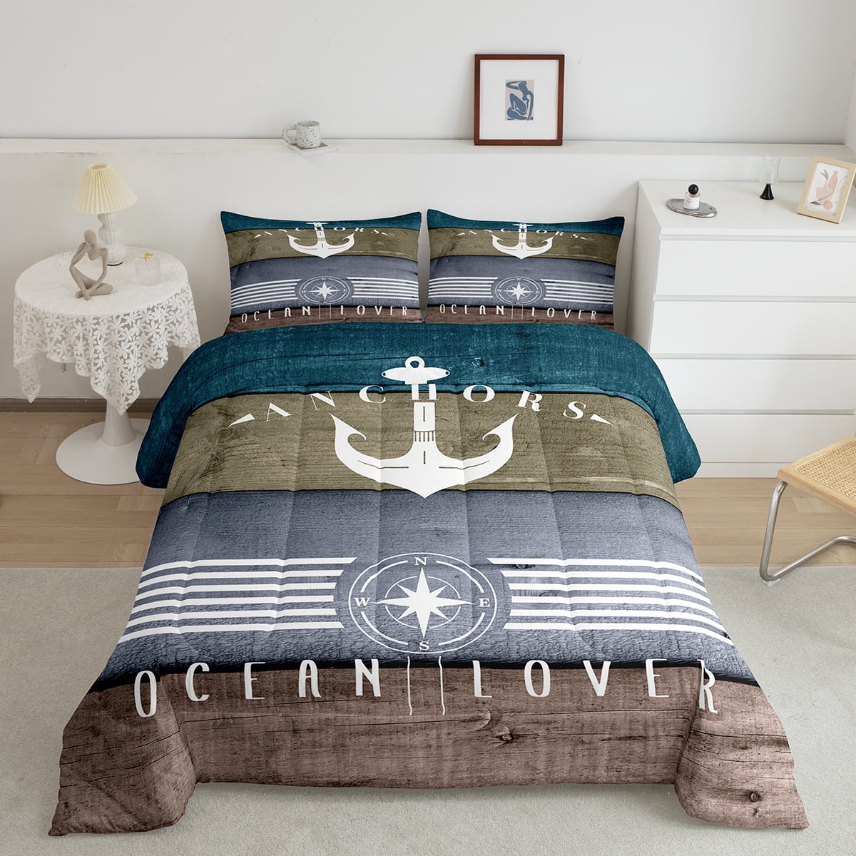 Ship Anchor Bedding Set Nautical Quilt for Men Teens,Wheel Compass