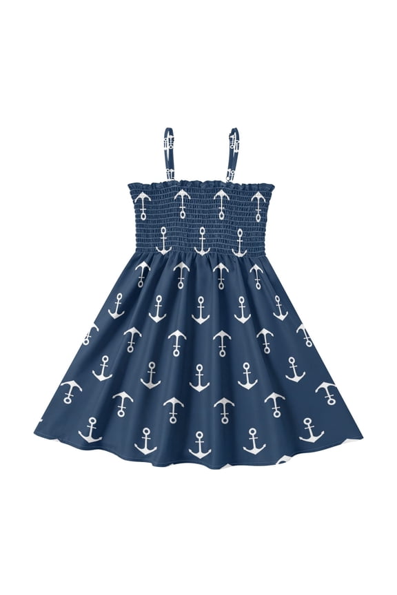 Ship Anchor Girls Casual Summer Dress Sleeveless Smocked Sundress Ruffle Trim A-Line Lightweight Breathable Dress 4 Years