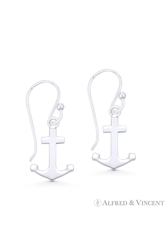 Ship Anchor Nautical Charm Dangling Hook Earrings in .925 Sterling Silver