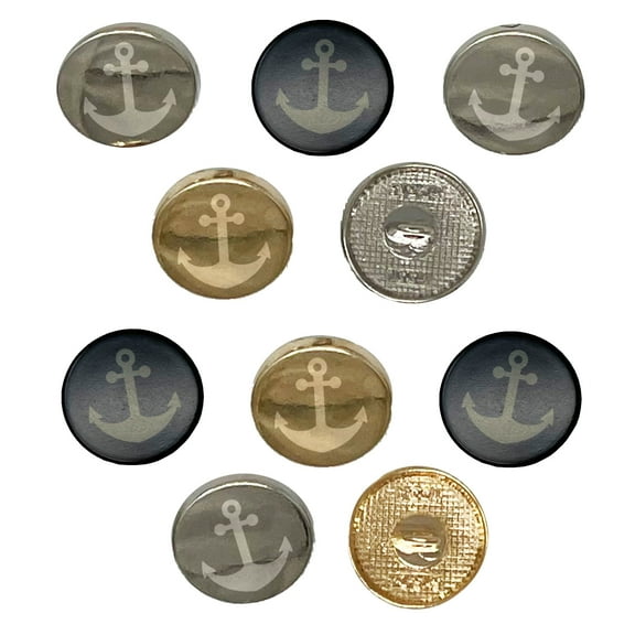 Ship Anchor Nautical Set of 10 Metal 0.6" (15mm) Sewing Shank Round Buttons - Gold Color