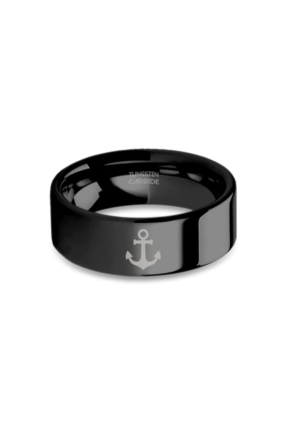 Ship Anchor Nautical Symbol Engraved Black Tungsten Carbide Ring, 8mm, Size 9