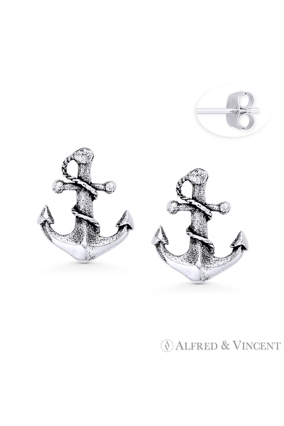 Ship Anchor & Rope Nautical Charm Stud Earrings in Oxidized .925 Sterling Silver