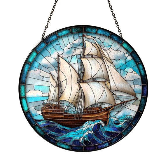 Ship Glass Style Window Hanging – Coastal Home Decoration