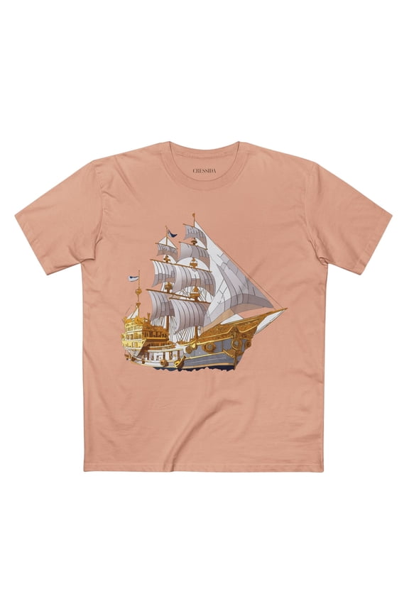 Ship Graphic Unisex 100 Cotton T-Shirt with Gold Frigate Art Design 10
