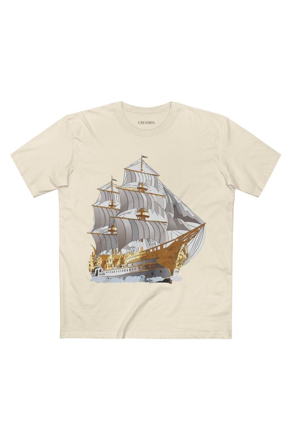 Ship Graphic Unisex 100 Cotton T-Shirt with Gold Frigate Art Design 15