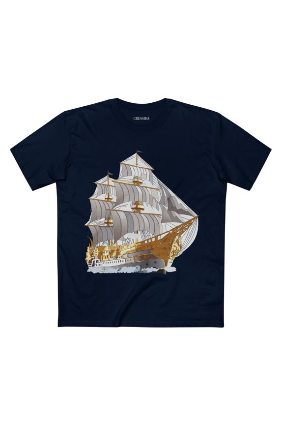 Ship Graphic Unisex 100 Cotton T-Shirt with Gold Frigate Art Design 15