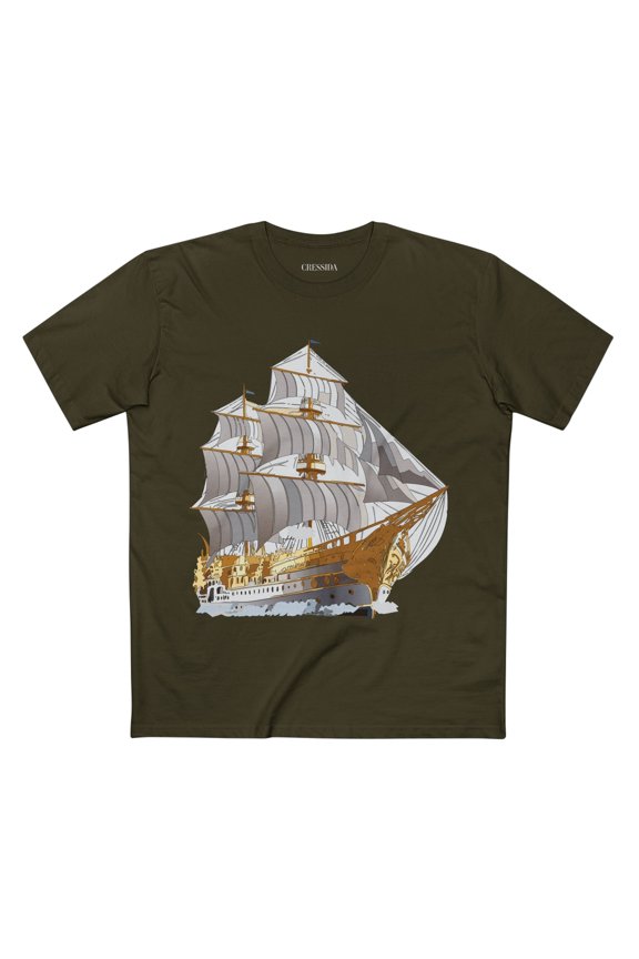 Ship Graphic Unisex 100 Cotton T-Shirt with Gold Frigate Art Design 15