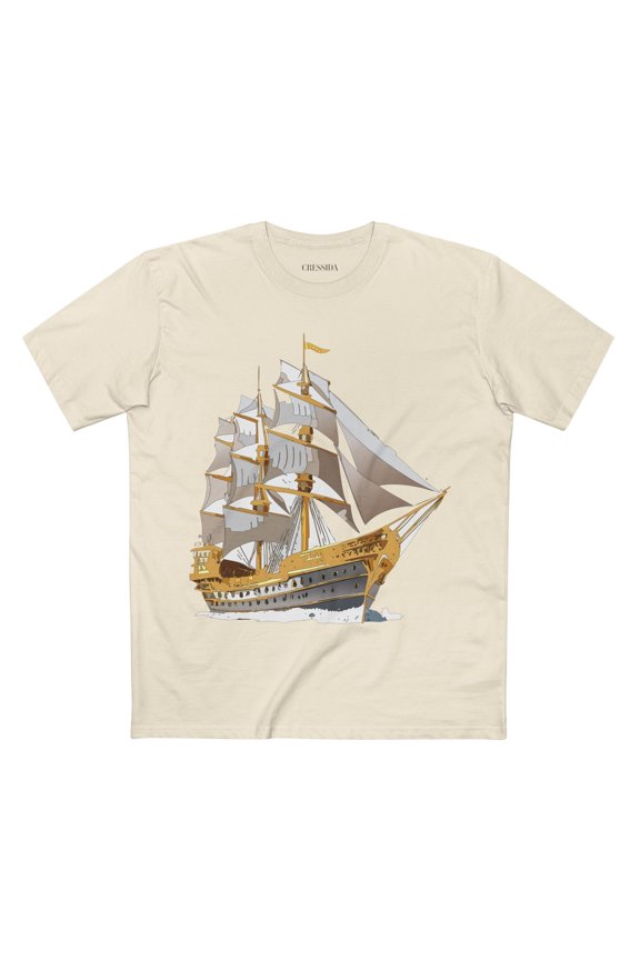 Ship Graphic Unisex 100 Cotton T-Shirt with Gold Frigate Art Design 19