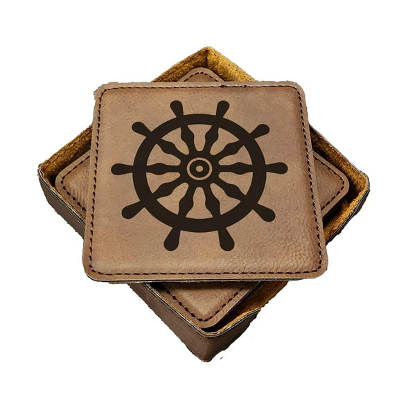 Ship Helm Coasters - Handmade Coasters Set of 6 - Engraved Barware Decorations - Leather Bar Decor - Man Cave Father's Day Present