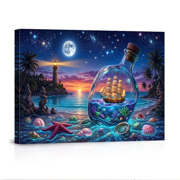 Ship In A Bottle Beach Lighthouse Fantasy Nautical Moonlight Seashell For Bathroom Bedroom Coastal Home Canvas