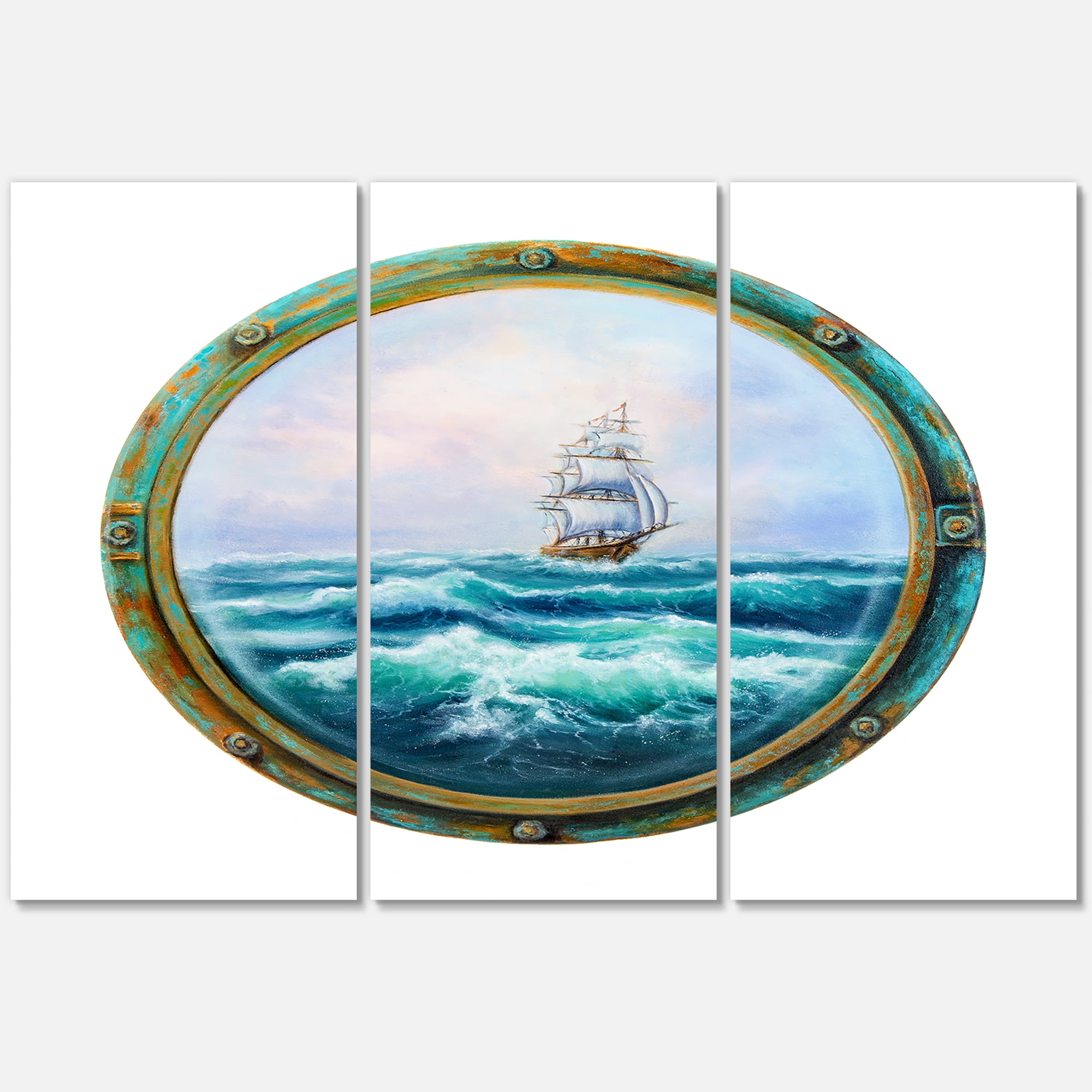 Ship In Stormy Ocean Through Cabin Window 28 in x 36 in Painting Canvas Art Print, by Designart