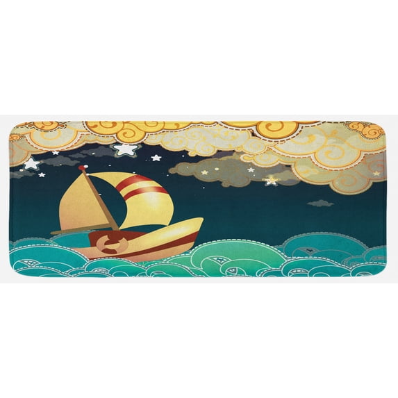 Ship Kitchen Mat, Fantasy Illustration Night Time Sailing Ship on Curly Waves, Plush Decorative Kitchen Mat with Non Slip Backing, 47" X 19", Multicolor, by Ambesonne