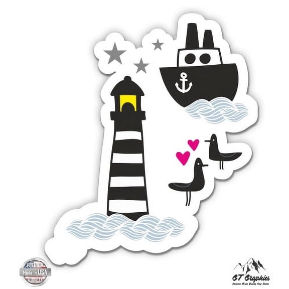 Ship Lighthouse Modern Cute Style - 12" Vinyl Sticker Waterproof Decal