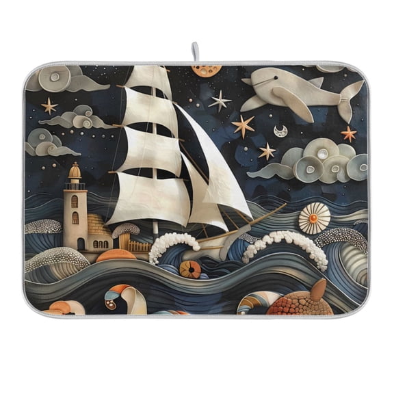 Ship Lighthouse Whale Dish Drying Mat 16x18 Absorbent Microfiber Draining Rack Pad for Kitchen Counter Sink