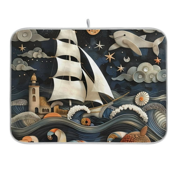 Ship Lighthouse Whale Dish Drying Mat 16x18 Absorbent Microfiber Draining Rack Pad for Kitchen Counter Sink