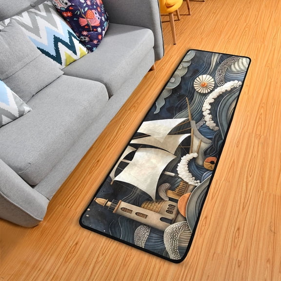 Ship Lighthouse Whale Hallway Runner Rug 2'X6' Non-Slip Washable Carpet Runner Kitchen Entryway Laundry Bedroom