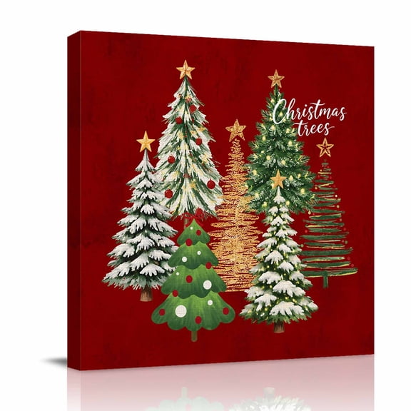 Ship Next Day Oil Painting Print on Canvas Wall Art with Solid Wood Frame Rustic Winter Ready to Hang Farmhouse Merry Christmas Text Tree Red 8x8 Inches Decor Artwork for Home, Office