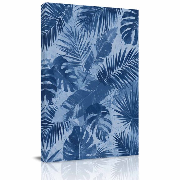 Ship Next Day Oil Painting Print on Canvas Wall Art with Solid Wood Frame Tropical Botanical Ready to Hang Banana Palm Leaves Jungle Stems Blue 12x16 Inches Decor Artwork for Home, Office