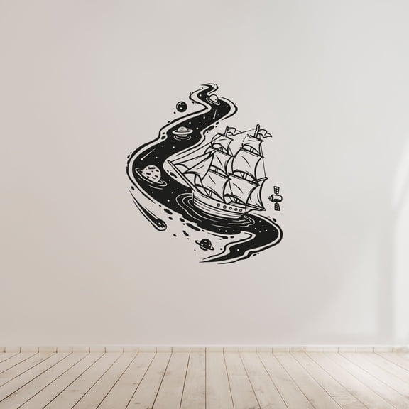 Ship Planets Universe Sailing Sailor Sail Boat Ocean Sea Silhouette Vinyl Design Wall Sticker Wall Art Wall Decal Boy Girl Kid Room Bedroom Sailor Home Decor Stickers Decoration Size (30x22 inch)