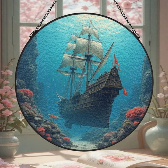 Ship Sailing Underwater Stained Glass Window Hanging 8 Inch Suncatcher Glass Panel with Chain Round Sun Catchers Indoor Wall Art Home Decor Gift for Lovers Couples Women Mother's Day