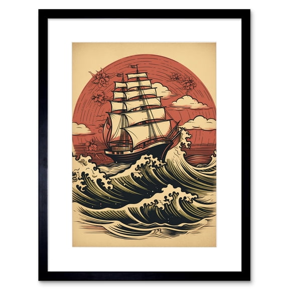 Ship Sailing in Rough Sea Waves Retro Rockabilly Americana 50s Artwork Framed Wall Art Print 9X7 Inch