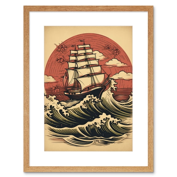 Ship Sailing in Rough Sea Waves Retro Rockabilly Americana 50s Artwork Framed Wall Art Print 9X7 Inch