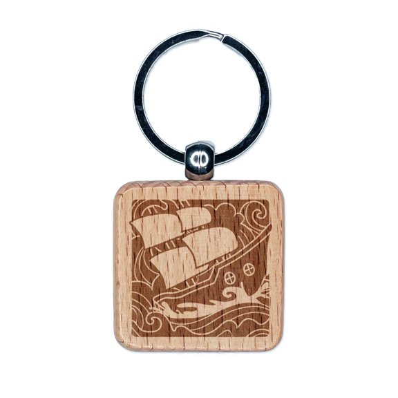 Ship Sailing on Turbulent Waves Square Keychain Charm Tag - Engraved Wood