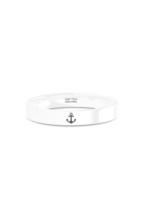 Ship Sailor Danforth Anchor Engraved White Ceramic Wedding Band, 4mm, Size 9