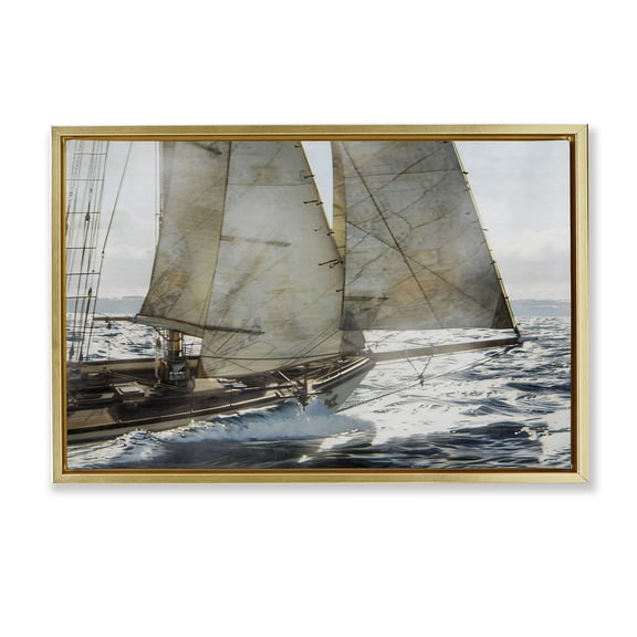 Stupell Industries Ship Sails In Motion Gold Framed Floater Canvas Wall Art, design by LSR Design Studio, 17 x 25