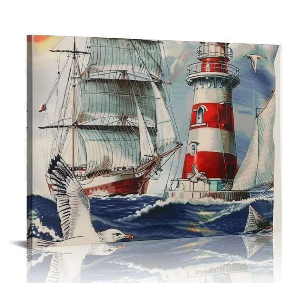 Ship Seagull Lighthouse Canvas Wall Art Print Decoration Ready To Hang Home Room Decor 16x12in