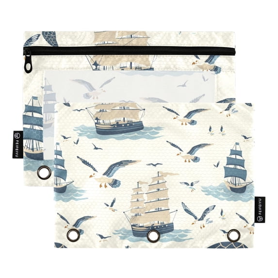Ship Seagull Turtle 2 Pack Pencil Pouch for 3 Ring Binder Smooth Zipper Folders with Pockets Clear Window Pencil Case