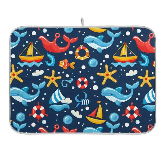 Ship Starfish Fish Lifebuoy Dish Drying Mat 16x18 Absorbent Microfiber Draining Rack Pad for Kitchen Counter Sink