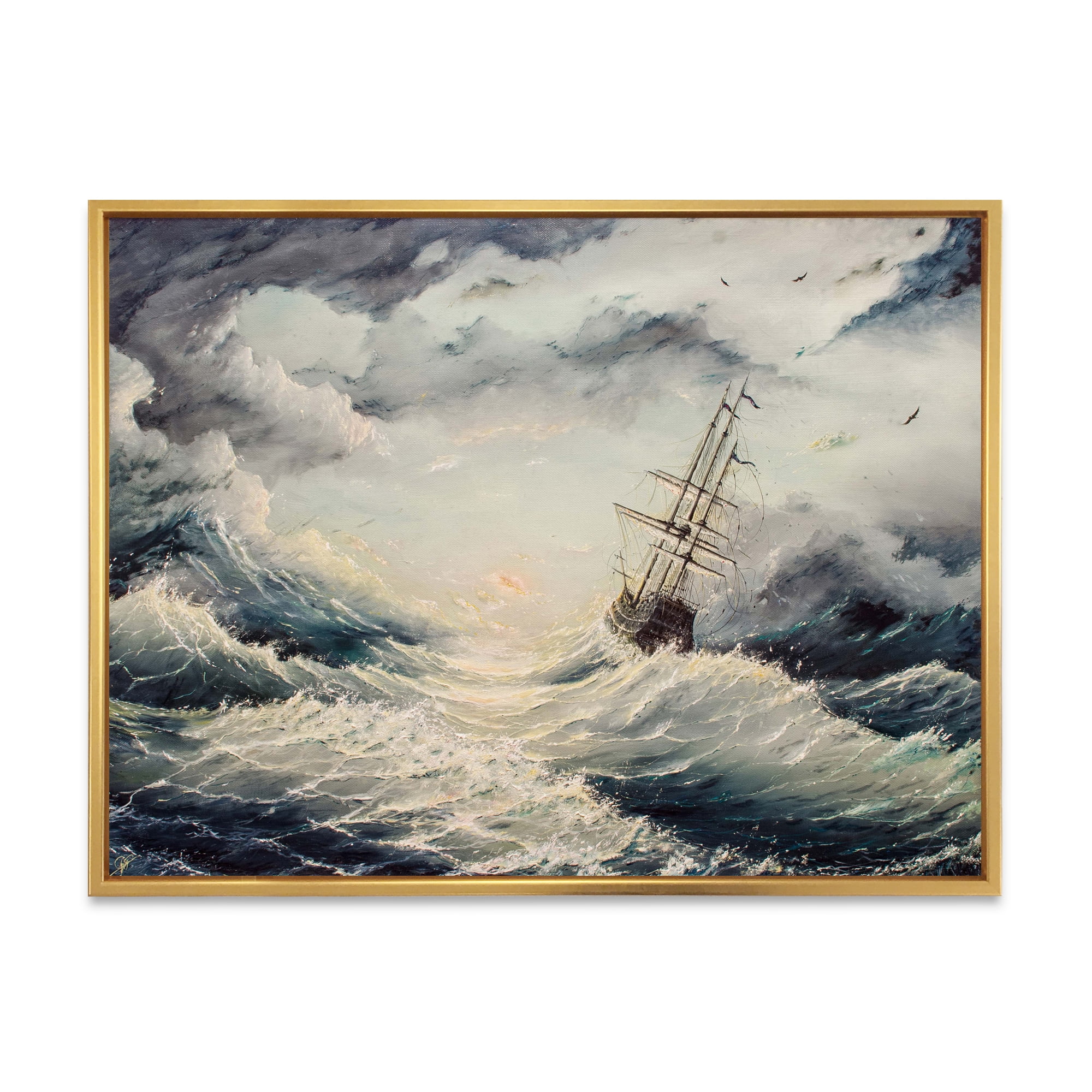 Ship Struggles With The Sea Storm 20 in x 12 in Framed Painting Canvas Art Print, by Designart