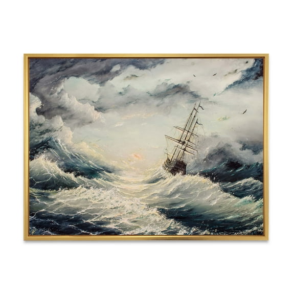 Ship Struggles With The Sea Storm 32 in x 16 in Framed Painting Canvas Art Print, by Designart
