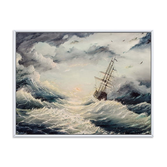 Ship Struggles With The Sea Storm 32 in x 24 in Framed Painting Canvas Art Print, by Designart