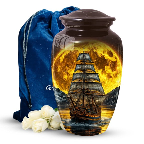 Ship Urn, Night Moon Urns for Human Ashes Adult Female and Male, Brown Urns for Human Ashes Adult Man and Women, Tribute Urn for Adults, (10 Inch, Upto 200 Cubic Inches)
