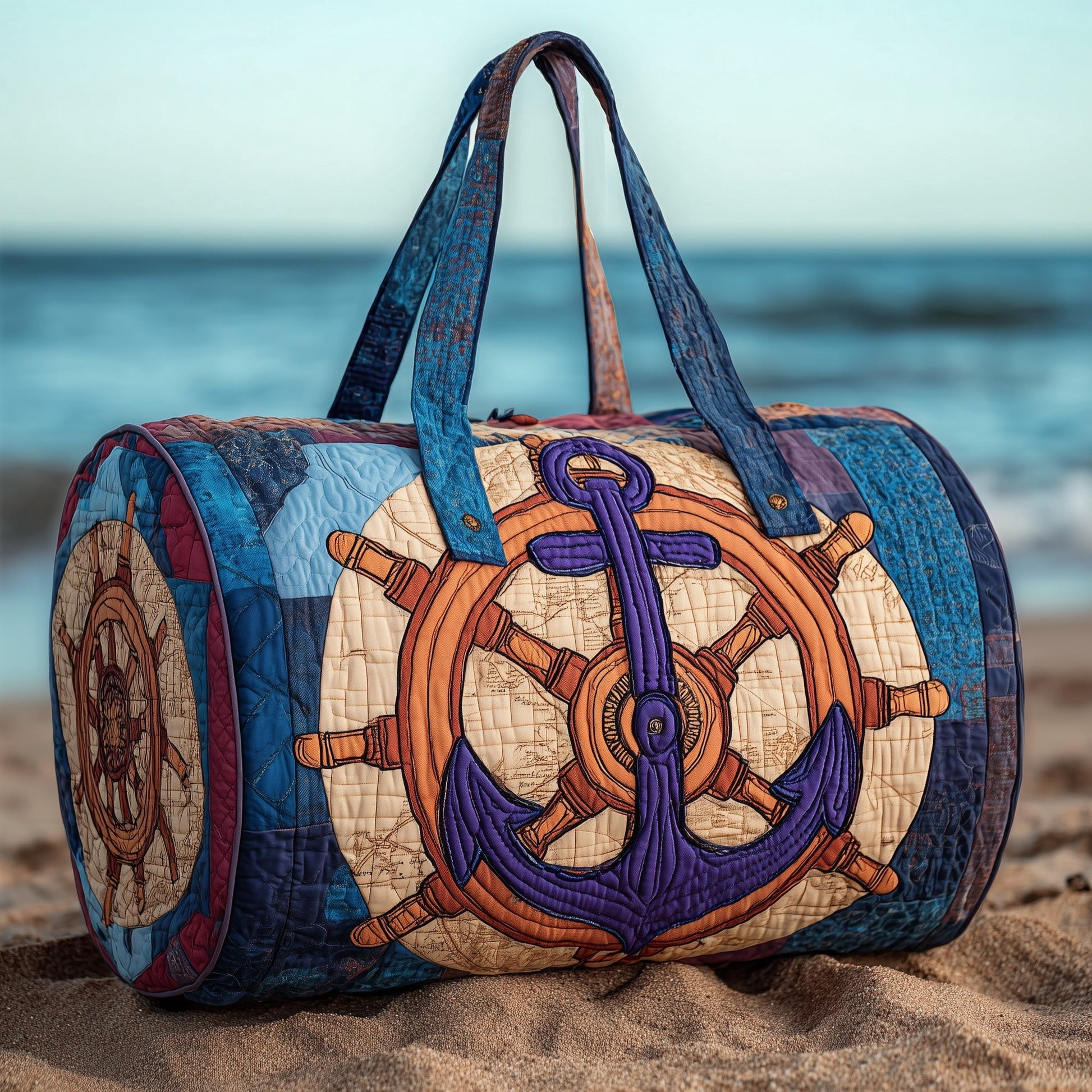 Ship Wheel Anchor Quilted Duffle Bag, Quited Travel Tote Bag, Quited Weekender Travel Bag, Carry On Duffle