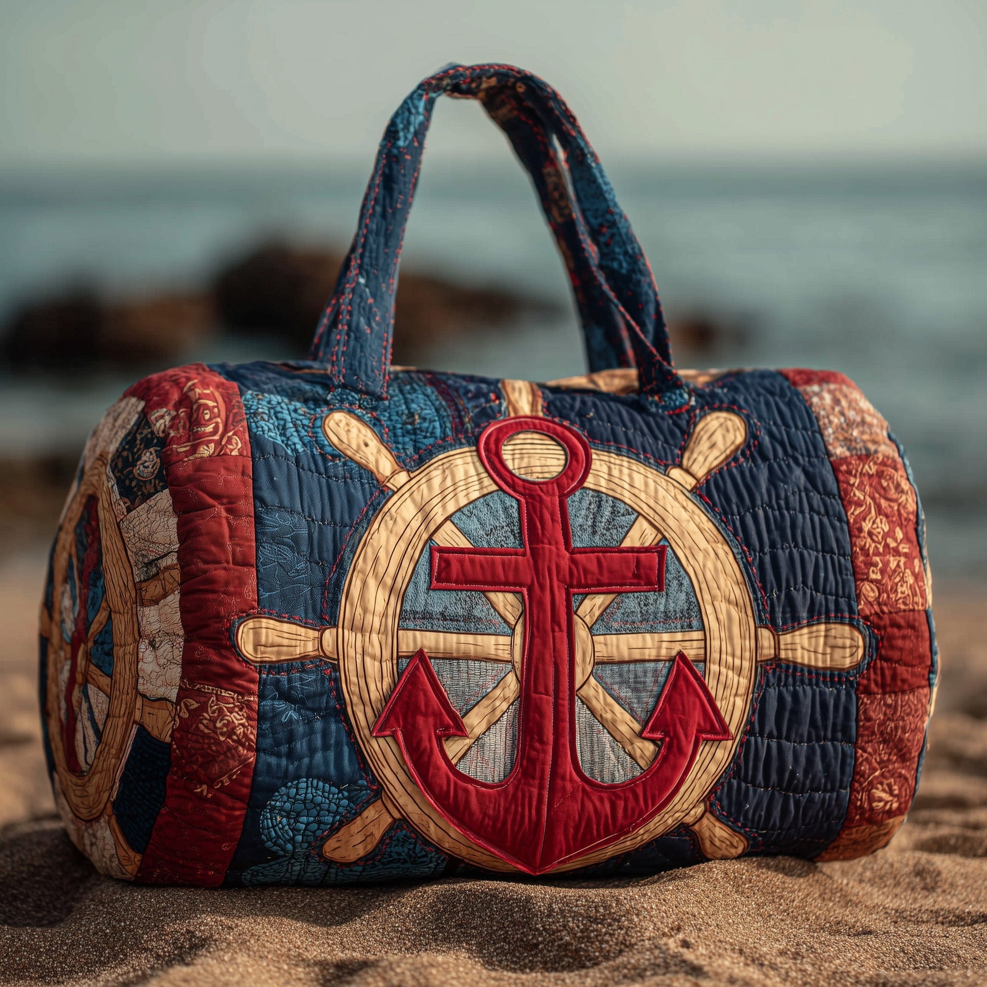 Ship Wheel Anchor Quilted Duffle Bag, Quited Travel Tote Bag, Quited Weekender Travel Bag, Carry On Duffle