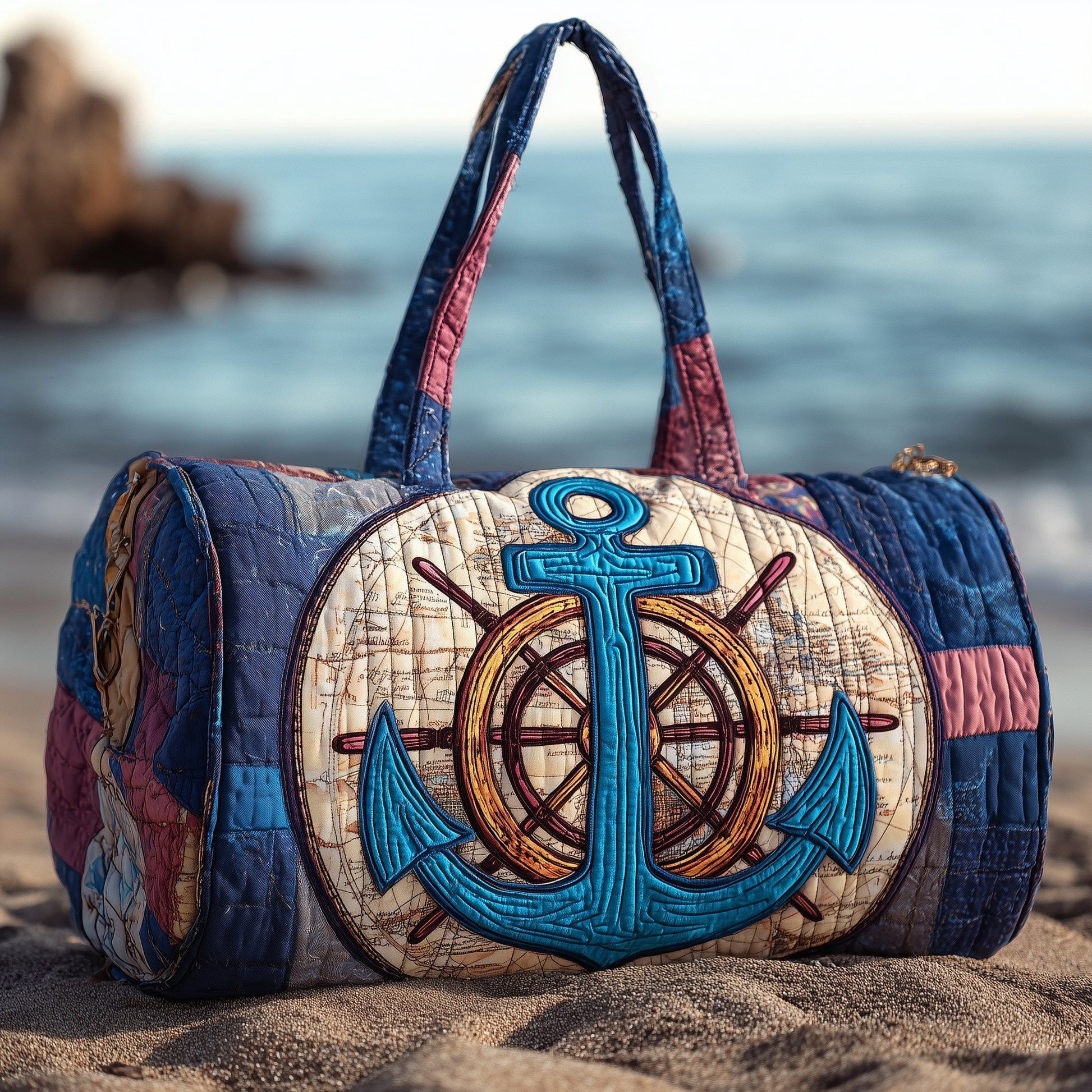 Ship Wheel Anchor Quilted Duffle Bag, Quited Travel Tote Bag, Quited Weekender Travel Bag, Carry On Duffle