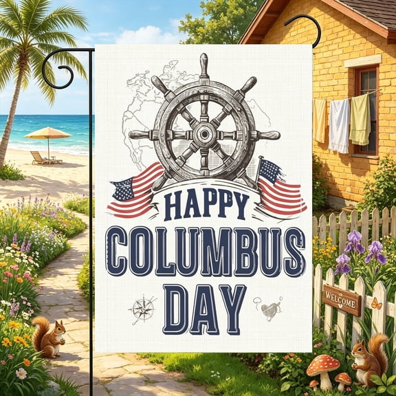 Ship Wheel Badge US Flag Cursive Sailboat Columbus Wording Garden Flag, 12x18 inch, Double Sided 2D Printed, Lawn Patio & Mailbox Outdoor Decor, No Flagpole