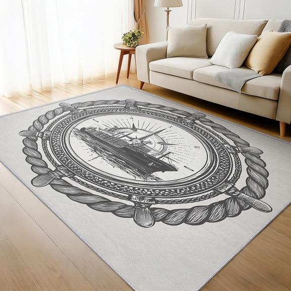 Ship Wheel Compass Area Rug, Nautical Rudder Coastal Theme Indoor Carpet, Washable Non Slip Low Pile Soft Thin Rug for Living Room Bedroom Home Decor Mat 2x3ft