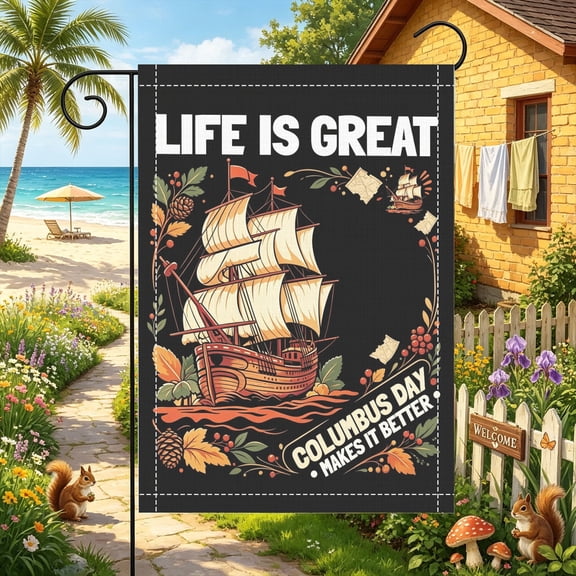Ship Wheel Double Sailboat Cursive Columbus Wording Garden Flag, 12x18 inch, Double Sided 2D Printed, Lawn Patio & Mailbox Outdoor Decor, No Flagpole