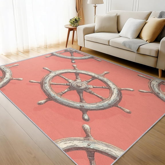 Ship Wheel Nautical Area Rug, Coastal Rudder Pattern Carpet, Washable Non Slip Low Pile Soft Thin, Living Room Bedroom Home Decor Mat 2x3ft
