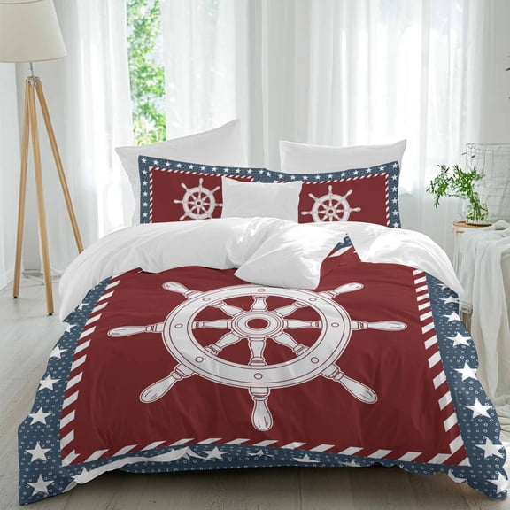 Ship Wheel Queen Size Comforter Set, Vintage Red White Nautical Anchors Red Stripes Blue Dots Bedding for All Seasons, 4 Pcs Bed Set, 1Quiltcover (90"x92") ,1Sheet(94"x116"), 2Pillowcases (30"x20")